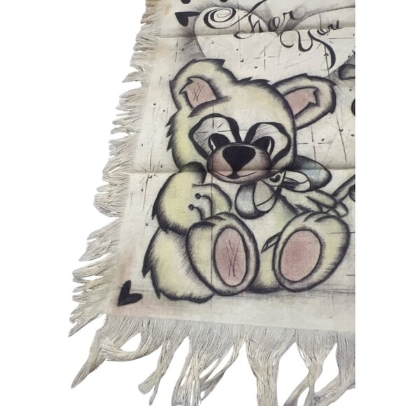 Vtg Hand-Drawn Fringed Fabric Art Teddy Bear Rose For You Text Sentimental Gift - Picture 5 of 7